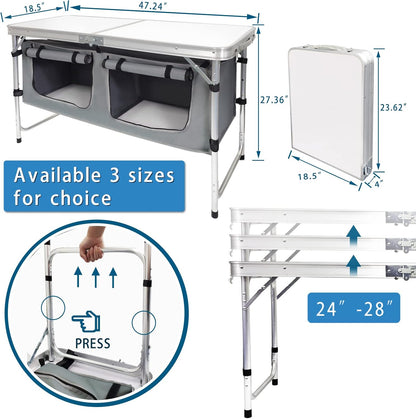 Folding Camping Table with Storage Aluminum Lightweight Camp Table Height Adjustable Picnic Tables for Outdoors Portable Foldable Beach Table Perfect for Tailgating, Travel, Backyards, BBQ, Party